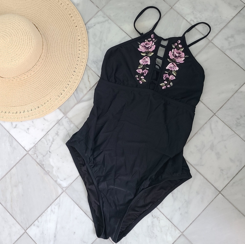 Mossimo Target Embroidered Floral Halter Neck One Piece Swimsuit Black Medium